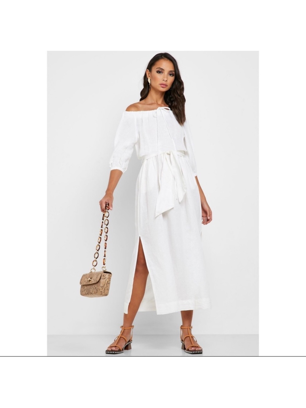 Topshop White Off-Shoulder Tie-Waist Midi Dress